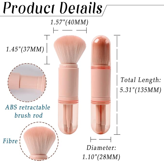 Vtrem Makeup Brushes Set Portable - 4 in 1 Travel Powder Brush, Lip Brush, Eyeshadow Brush, Highlight Brush, Foundation Blending Powder Brushes Retractable Make Up Brushes Set, Pink
