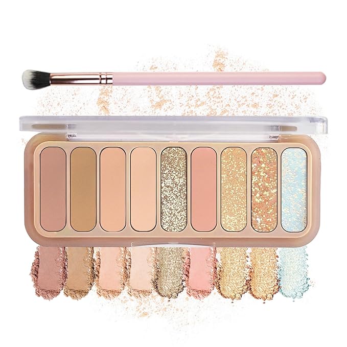 9 Colors Matte Naked Eyeshadow Palette Natural Nude Shimmer Glitter Eyeshadow Palette Ultra-Blendable Highly Pigmented Eye Shadow Makeup Palette with Brush-01 Peach Style