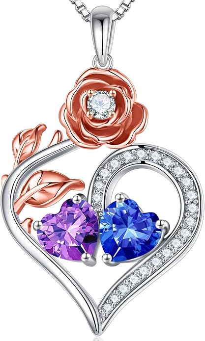 Iefil Rose Heart Birthstone Necklaces for Women - 925 Sterling Silver Double Birthstone Necklace, Anniversary Birthday Gifts for Women, Jewelry Gifts for Wife Her