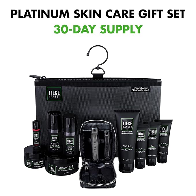 Tiege Hanley Men’s Skin Care Gift Set, Platinum – Face Wash, Scrub, AM/PM Moisturizers, Eye Cream, Serum, Clay Mask, Glycolic Pads, Lip Balm, Dopp Kit & Manicure Set – Ultimate Grooming Kit