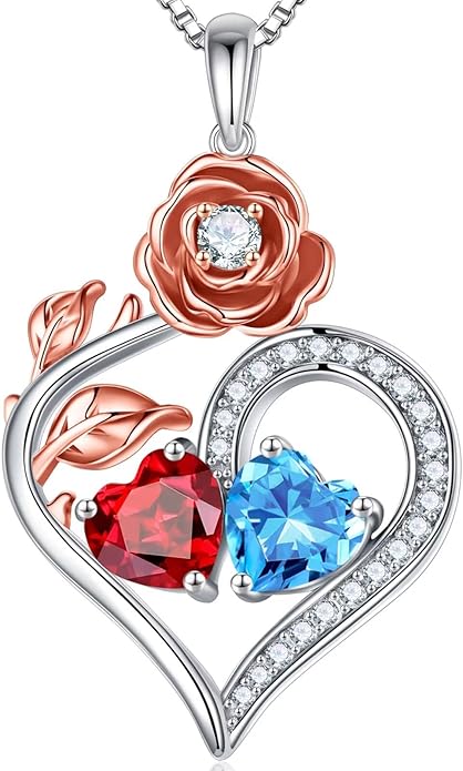 Iefil Rose Heart Birthstone Necklaces for Women - 925 Sterling Silver Double Birthstone Necklace, Anniversary Birthday Gifts for Women, Jewelry Gifts for Wife Her