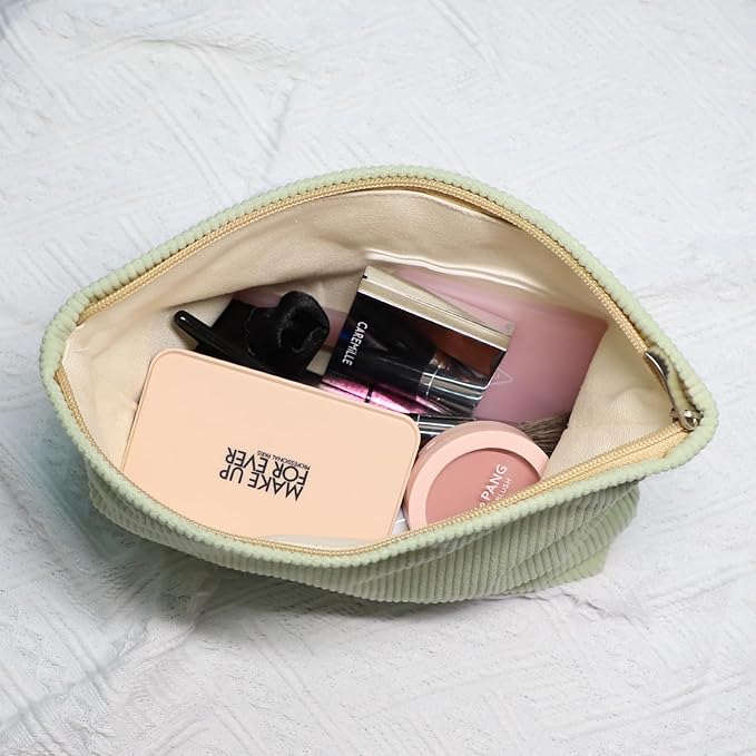 Wudygirl Travel Makeup Bag,Portable Cosmetic Bags,Large Capacity Makeup Bag Organizer for Women,Corduroy Zipper Pouch(Light Green)