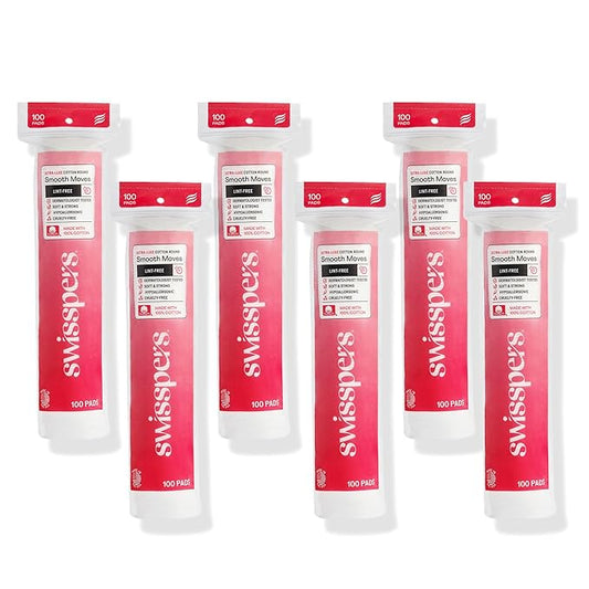 Swisspers Smooth Moves Ultra-Luxe Premium Cotton Rounds, Hypoallergenic Makeup Remover Pads for Sensitive Skin, USA Made, Vegan, Lint-Free, Paraben Free, 100 Count 6-Pack