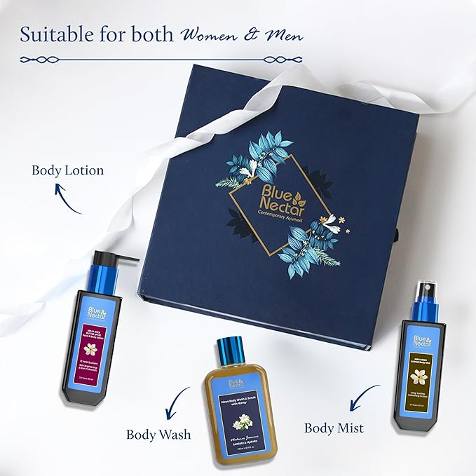 Blue Nectar Premium Ayurvedic Beauty Gift Set for Women & Men | Body Lotion, Wash & Mist with Herbal Ingredients | Ideal Christmas Holidays Gift for Mom, Dad, Girlfriend, Boyfriend & Coworkers