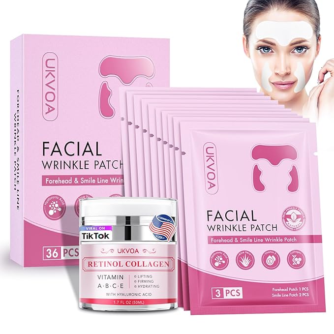 Forehead Wrinkle Patches & Smile Line Patches, Overnight Facial Wrinkle Treatment with Hyaluronic Acid, Aloe, Collagen & Vitamin E to Lift Smile Lines for Women 36pcs with Face Retinol Cream