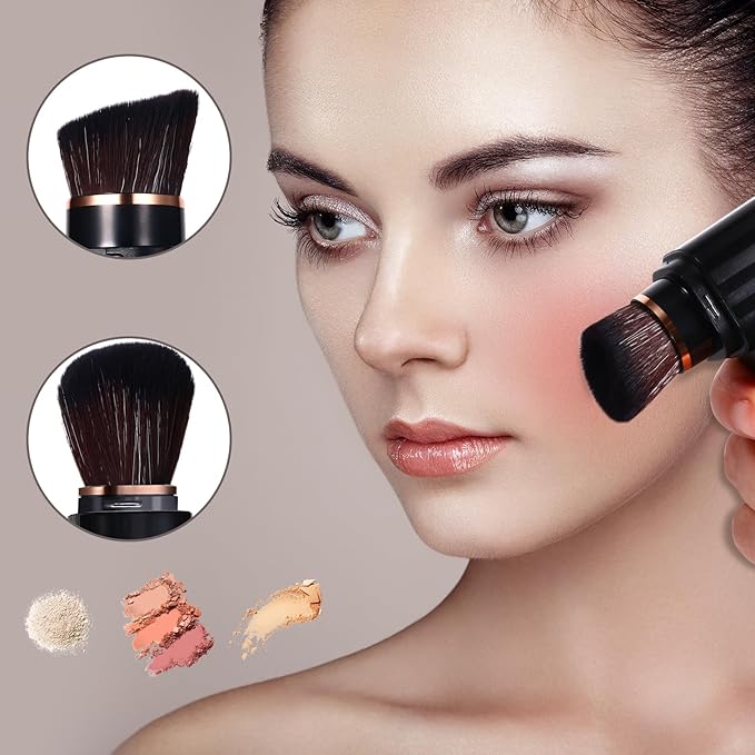 Vtrem Retractable Travel Makeup Brush: 3 Colors Kabuki Double-Ended Foundation Blush Brushes Set Mini Compact Face Brush with Cover Highlighter Flawless Powder Cosmetics, Blue Black Purple