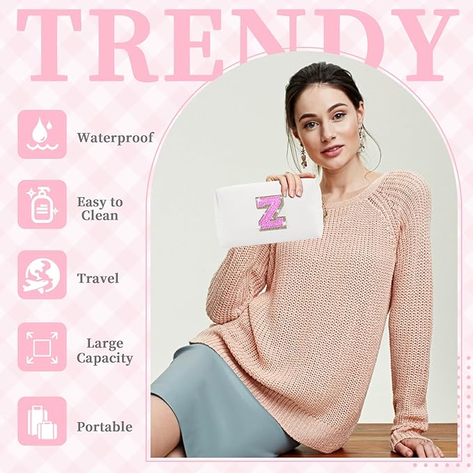 Small Initial Patch Makeup Bag Personalized Gifts Make Up Bag,White Cute PU Leather Glitter Letter Cosmetic Bag with Zipper,Trendy Portable Travel Toiletry Pouch,Preppy Stuff for Teen Girls Women Z