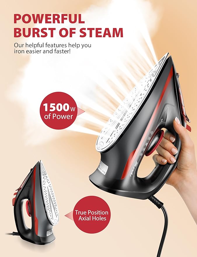 Steam Iron for Clothes, Automatic Shutoff, Light Weight, 1500W Iron with Non-Stick Ceramic Soleplate, 3-Way Auto-Off, Rapid Heating, Self-Cleaning, 15.21oz Water Tank Ironing Clothes for Home