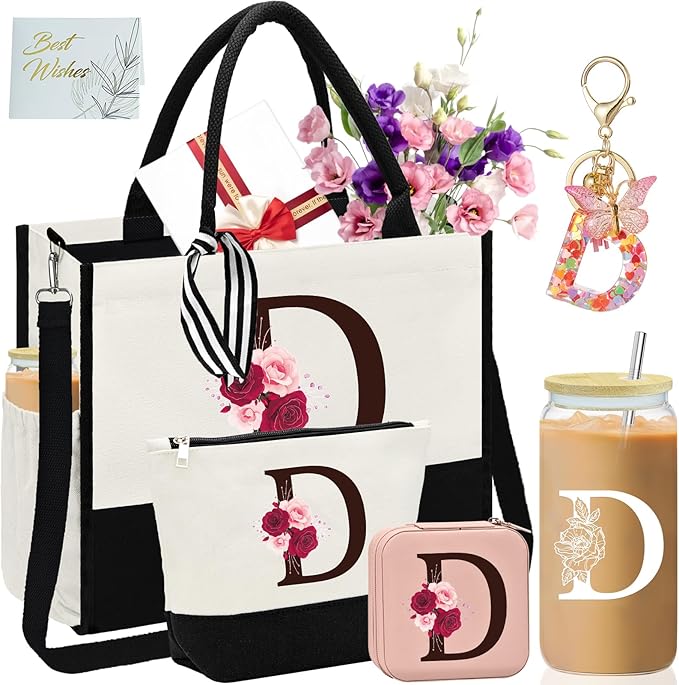 Birthday Gifts for Women,Initial Canvas Tote Bag,Monogrammed Gift for Women,16oz Initial Glass Cup,Makeup Bag with Zipper,Jewelry Organizer Box,Personalized Gifts for Mom-D