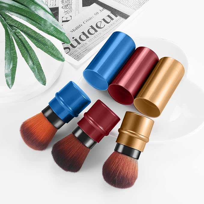 Vtrem Retractable Kabuki Brushes Travel Blush Brush Makeup Brush Portable Small Soft Bristles Powder Brush with Cover for Blush Buffing Flawless Powder, Cosmetics Tool, Brown/Red/Blue