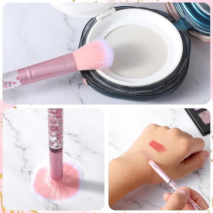7 Pcs Makeup Brushes for Women, Cute Pink Makeup Brushes Crystal Sparkles Fan Blush Foundation Powder Lip Highlight Eye Shadow Eyebrow Brush Set With Sequins Handle Professional for Girl(Pink)