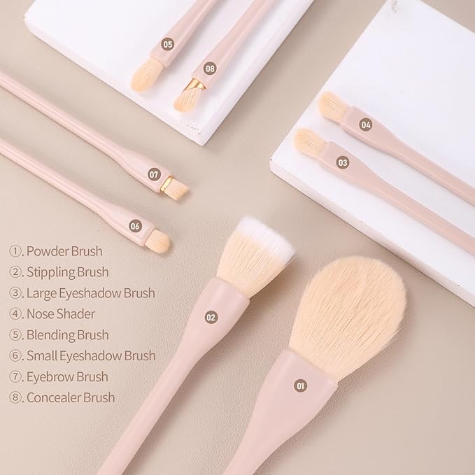MSQ Make Up Brushes 8Pcs Makeup Brush Set Powder Brush Concealer Blending Brushes Set Stipping Brush Eyeshadow Brushes (Khaki)