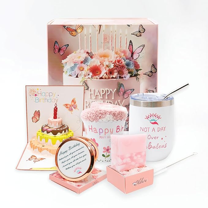Unique Birthday Gifts for Women, Present Ideas for Her, Mom, Wife, Sister, Friend, Coworker Luxury Birthday Box for Women Gift Basket with Tumbler, Rose Soap, Mirror Birthday Greeting Card