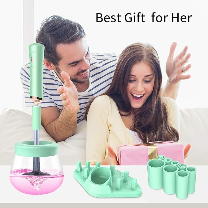 Senbowe Upgraded Makeup Brush Cleaner and Dryer Machine, Super-Fast Electric Brush Cleaner Machine with 8 Size Rubber Collars, Automatic Brush Cleaner Spinner Makeup Brush Tools