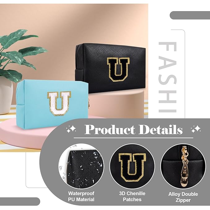Personalized Initial A-Z Preppy Patch Makeup Bag,Small PU Chenille Letter Cosmetic Bag with Zipper for Teen Girls,Black Cute Toiletry Organizer Bag,Monogram Makeup Case Gift for Women Girls,Letter U