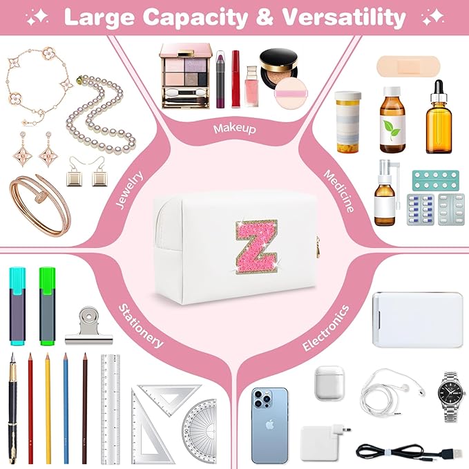 Small Personalized Initial A-Z Patch Makeup Bag,White Cute PU Leather Glitter Letter Cosmetic Bag for Teen Girls,Travel Toiletry Bag with Zipper,Preppy Monogrammed Birthday Gift for Daughter Niece Z