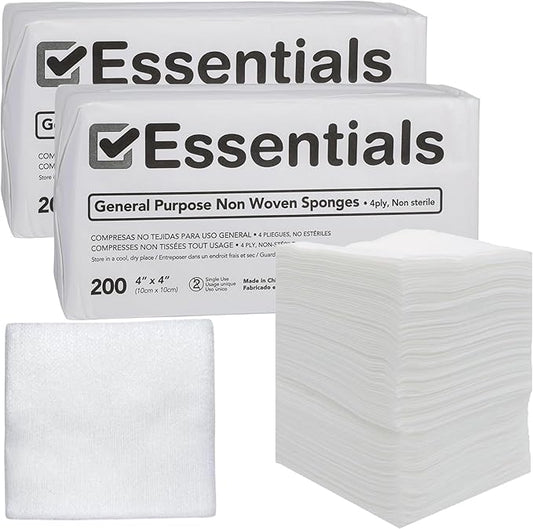 Essentials Non-Sterile Gauze Sponges - 200 Count (Pack of 2), 4-Ply, 4'' x 4'' Pads, Non-Woven - Wound Care Product for First Aid Kit/Medical Facilities