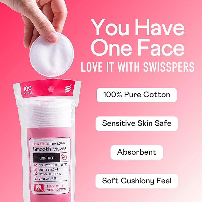 Swisspers Smooth Moves Ultra-Luxe Premium Cotton Rounds, Hypoallergenic Makeup Remover Pads for Sensitive Skin, USA Made, Vegan, Lint-Free, Paraben Free, 100 Count