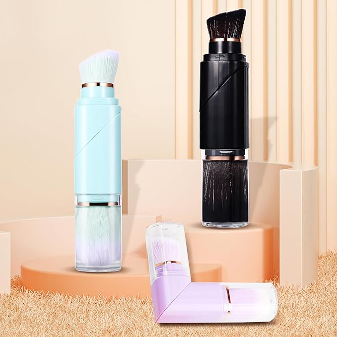 Vtrem Retractable Travel Makeup Brush: 3 Colors Kabuki Double-Ended Foundation Blush Brushes Set Mini Compact Face Brush with Cover Highlighter Flawless Powder Cosmetics, Blue Black Purple