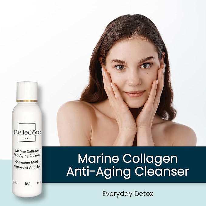 BelleCôte Paris Marine Collagen Anti Aging Cleanser - Lichen Extract & Peptides for Dull And Dehydrated Skin, Removes Impurities & Makeup Toxins | Organic Seaweed Facial Cleanser 4 fl oz