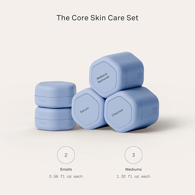 Cadence Travel Containers - Core Skincare Set - Magnetic Containers with Lids,2 Small (0.56oz) & 3 Medium (1.32oz) - Cleanser, Moisturizer, Serum, Makeup Remover & Sun Icon Labels - Pacific