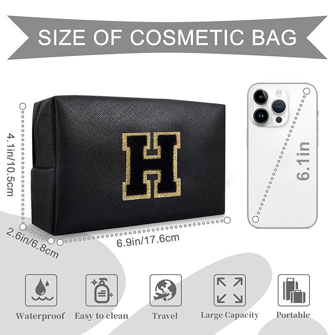 Personalized Initial A-Z Preppy Patch Makeup Bag,Small PU Chenille Letter Cosmetic Bag with Zipper for Teen Girls,Black Cute Toiletry Organizer Bag,Monogram Makeup Case Gift for Women Girls,Letter H