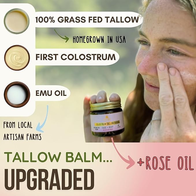 100% Grass Fed Tallow Balm with First Colostrum, Rose Oil & Emu Oil - Handmade in USA Whipped Beef Tallow for Face and Body, Beef Tallow for Skin Tallow Moisturizer (Mountain Rose) Scent