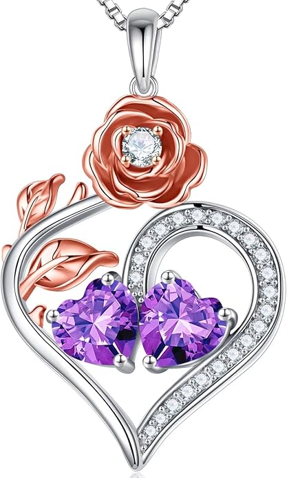 Iefil Rose Heart Birthstone Necklaces for Women - 925 Sterling Silver Double Birthstone Necklace, Anniversary Birthday Gifts for Women, Jewelry Gifts for Wife Her