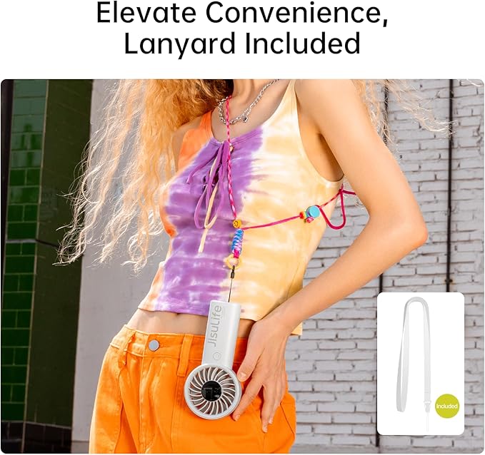 JISULIFE Handheld Portable Fan with Powerful Motor,LED Display,5000mAh Battery,5 Wind Speeds,Lanyard; Summer Essentials USB Rechargeable Hand held Fan for Travel,Beach,Makeup,Concerts-Gery