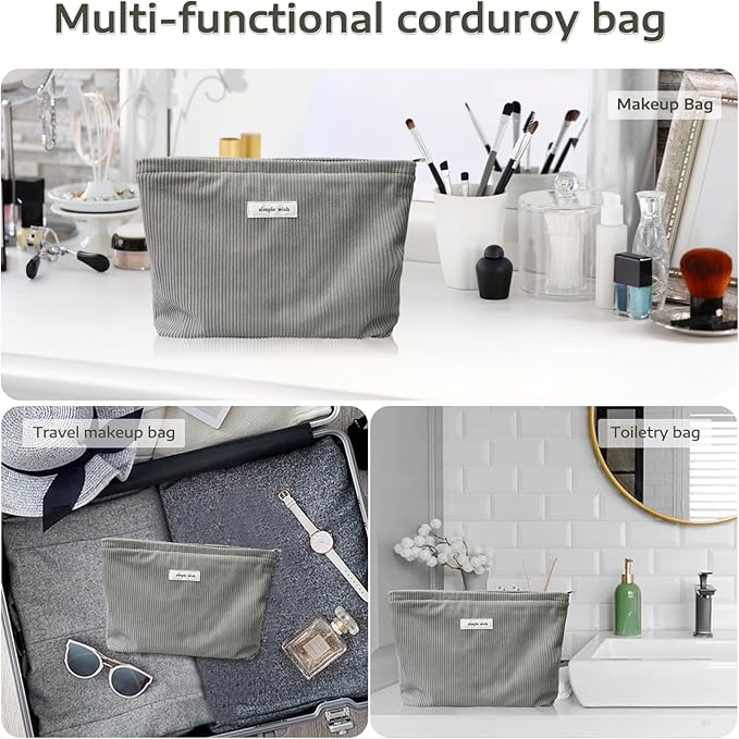 Wudygirl Cosmetic Bags for Women,Large Capacity Travel Makeup Bag,Cute Corduroy Makeup Bag Organizer Handbags Purses Zipper Pouch(Dark Gray)