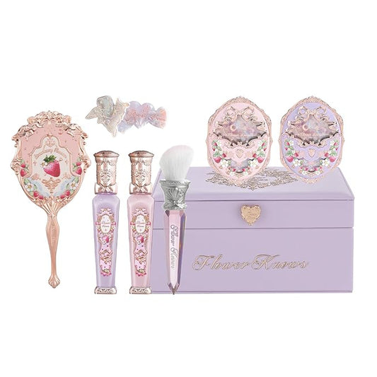 Flower Knows Violet Strawberry Rococo Makeup Box Set,8 Pack Makeup Box with Mirror,Lip Gloss×2+Blush×2+Blush Brush×1+Pink Handheld mirror×1+Hair Clip×1+Gift Box×1