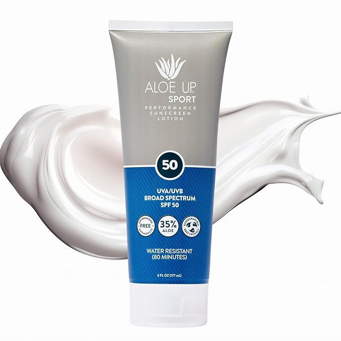 Aloe Up Sport Sunscreen Lotion SPF 50 - Broad Spectrum UVA/UVB Sunscreen Protector for Face and Body - With Hydrating Aloe Vera Gel - Non-Greasy - No White Cast - Reef Safe - Fragrance-Free - 6 Oz.