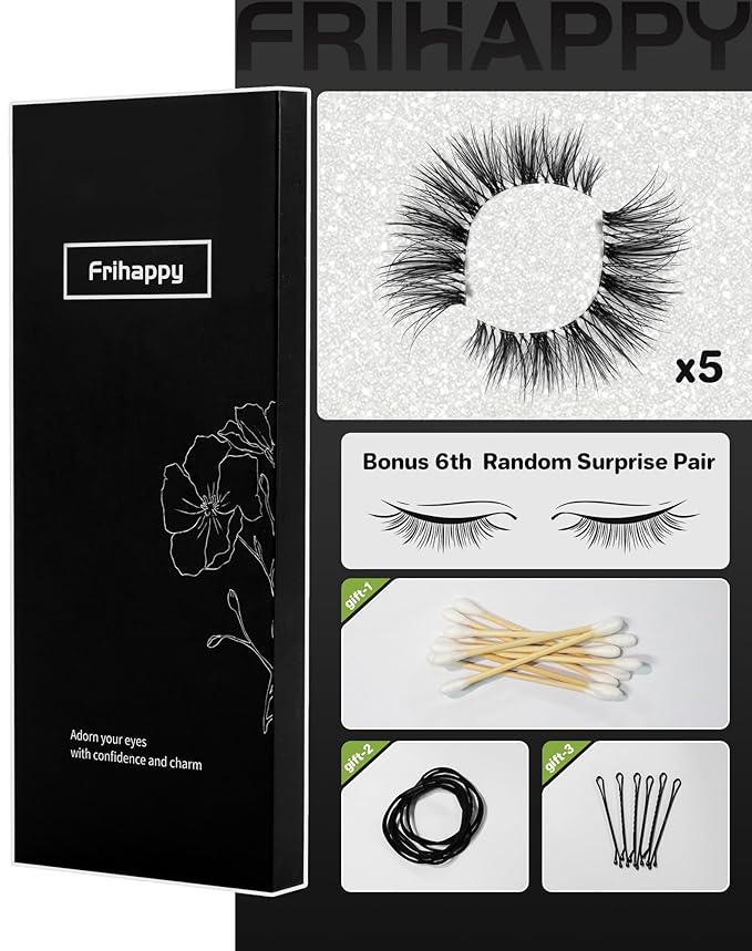 Frihappy Wispy False Eyelashes - Mink Lashes, 5 Pairs with Half Lashes Gift