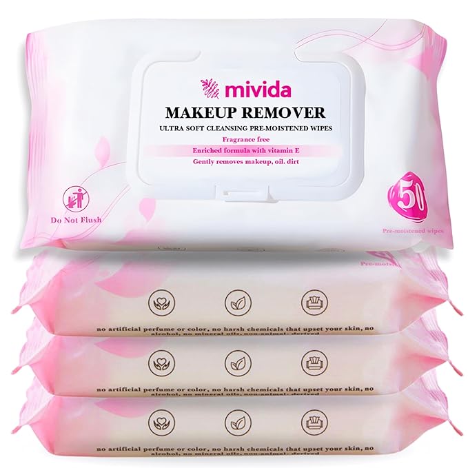 mivida Hypoallergenic Makeup Remover Wipes with Vitamin E | 4x50 count Total 200 bulk make up removing Wipes | Fragrance Free makeup wipes