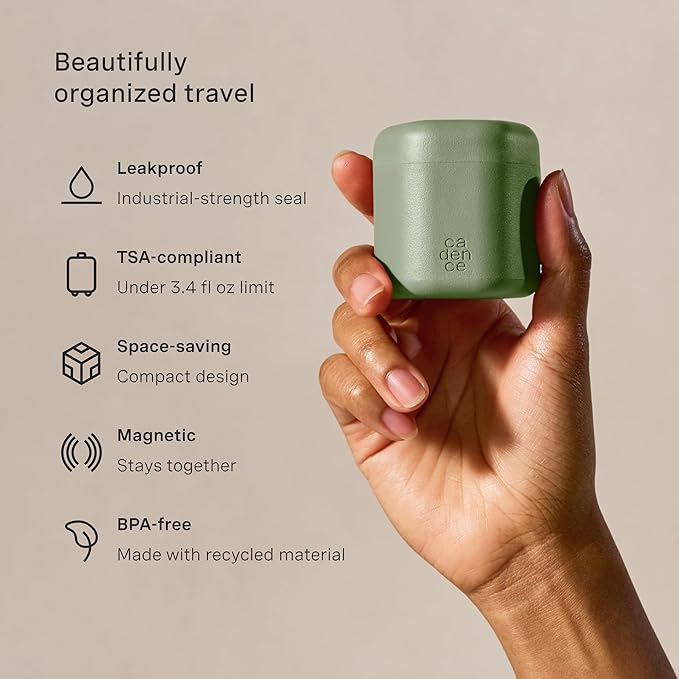 Cadence Travel Containers - Core Skincare Set - Magnetic Containers with Lids,2 Small (0.56oz) & 3 Medium (1.32oz) - Cleanser, Moisturizer, Serum, Makeup Remover & Sun Icon Labels - Eucalyptus