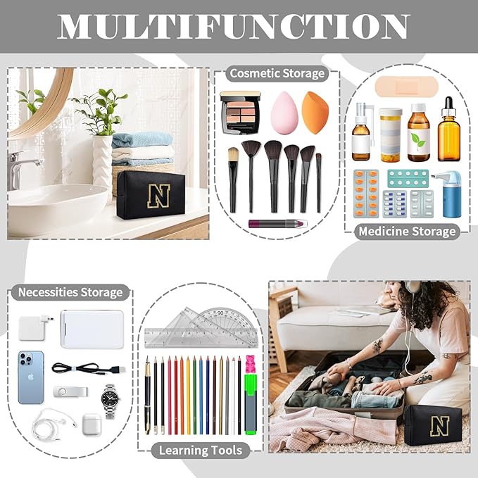 Personalized Initial A-Z Preppy Patch Makeup Bag,Small PU Chenille Letter Cosmetic Bag with Zipper for Teen Girls,Black Cute Toiletry Organizer Bag,Monogram Makeup Case Gift for Women Girls,Letter N