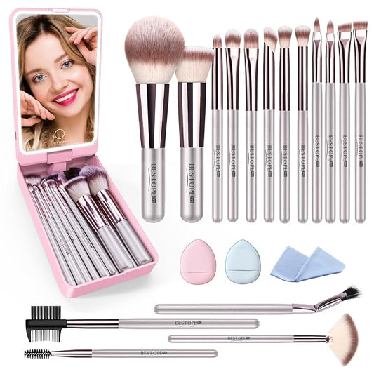 Makeup Brushes with Case, 20PCs Travel Makeup Brush Set, Foundation Concealer Blush Eyeshadow Brush Set Contour Powder Eyebrow Eyelash Brush Kit with Led Light Mirror Holder & 2 Powder Puff-Champagne