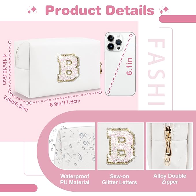 Small Initial Patch Makeup Bag Personalized Gifts Make Up Bag,White Cute PU Leather Glitter Letter Cosmetic Bag with Zipper,Trendy Portable Travel Toiletry Pouch,Preppy Stuff for Teen Girls Women B