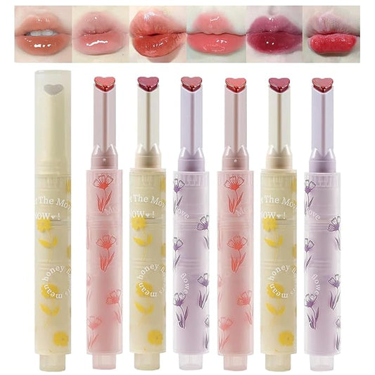 6pcs Flower Jelly Lipstick Set, 6 Colors Heart Shape Moisturizing Lip Glaze, Glossy Hydrating Lip Gloss, Mirror Effect Lip Balm Makeup Pen for Fuller Lips