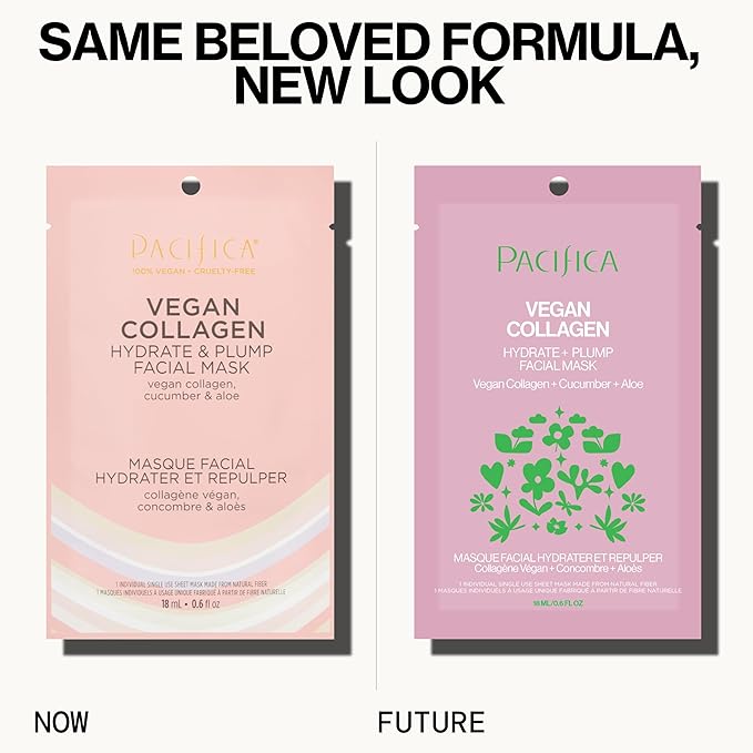 Pacifica Sheet Face Mask - Vegan Collagen Hydrate & Plump with Cucumber & Aloe – Moisturizing Mask for Dry & Aging Skin - Clean Beauty Vegan & Cruelty-Free Dermatologist Tested