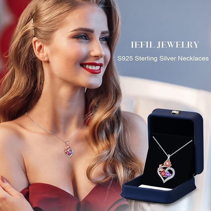 Iefil Rose Heart Birthstone Necklaces for Women - 925 Sterling Silver Double Birthstone Necklace, Anniversary Birthday Gifts for Women, Jewelry Gifts for Wife Her