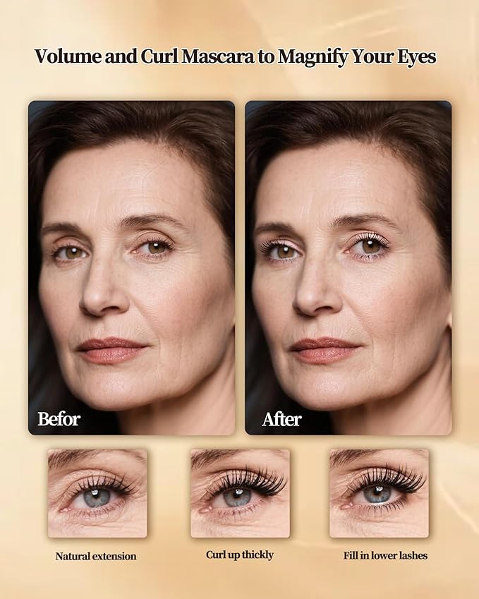 Slim Brush Mascara for Mature Older Women 60 Plus Set, 2 Pcs Black Brown Volume and Length Waterproof No Smudge Eyelashes, Lengthening Tube Hypoallergenic Thinning Mascara, for Sensitive Eyes Makeup