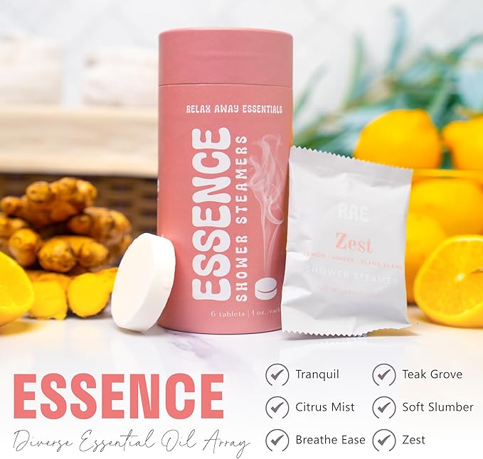 Relax Away Essence Shower Steamers 6 Pack - Essential Oil Aromatherapy - Tranquil, Citrus Mist, Breathe Ease, Teak Grove, Soft Slumber, Zest - Rejuvenate & Relax - Earth-Friendly Packaging
