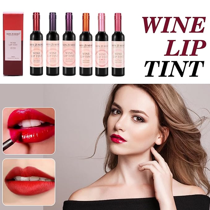 Wine Lip Tint Set of 6 Colors Moisturizing Liquid Lipstick & Velvet Lip Gloss Long-Lasting Waterproof Lips Stain with Non-Drying Formula For Soft Natural Lips Daily & Party Makeup Kit