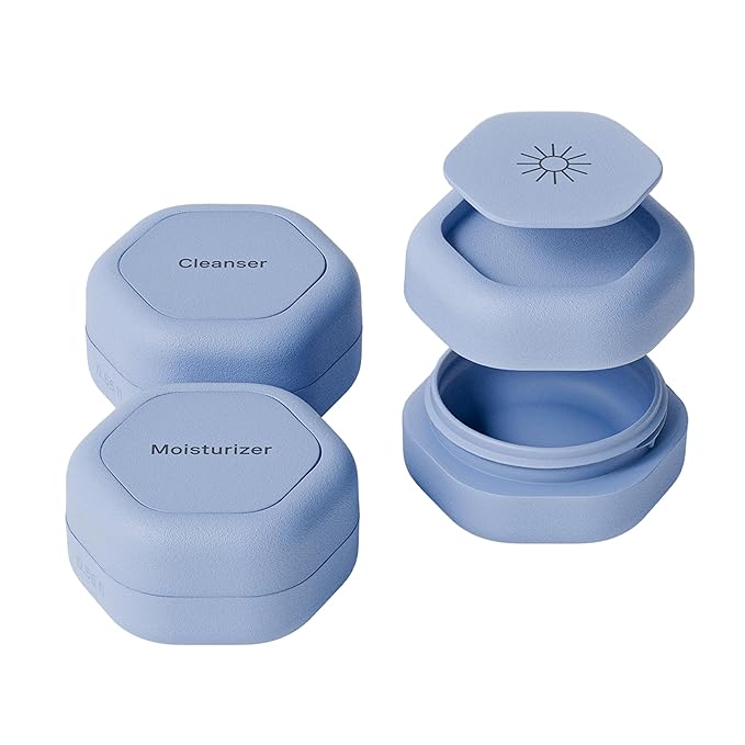 Cadence Travel Containers Basic Skincare Set - Magnetic Containers with Lids,Carry On Travel Essentials For Women/Men - 3 Small Capsules (0.56oz) - Cleanser, Moisturizer & Sun-Icon Labels - Pacific