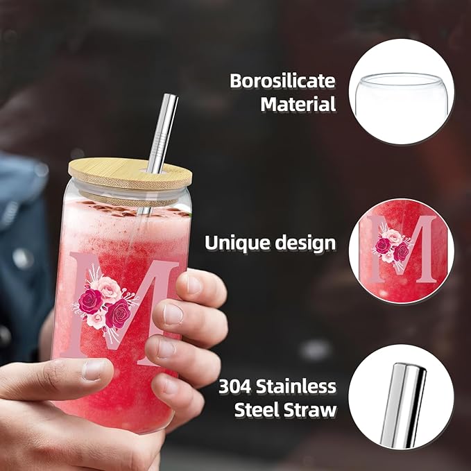 Monogrammed Gifts for Women,Personalized Gift for Women,Initial Canvas Tote Bag,16oz Initial Glass Cup,Makeup Bag for Sister,Jewelry Organizer Box,Birthday Gifts for Aunt Niece-M