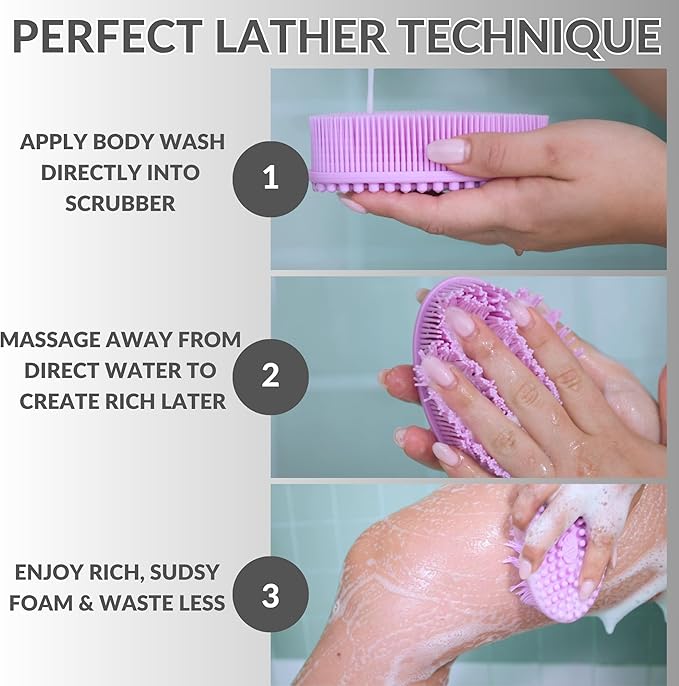 Avilana Silicone Body Scrubber – Gentle Shower Brush & Loofah Alternative- Food Grade & Lab Tested – Fast-Drying, Hygienic, BPA-Free Silicone Body Gentle Exfoliator (Pink, Long Handle)