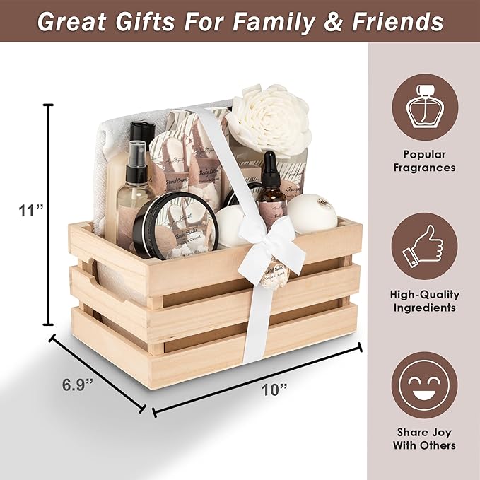 Bath Spa Gift Sets - Luxury Basket With Coconut & Vanilla - Spa Kit Includes Wash, Bubble Bath, Lotion, Bath Salts, Body Scrub, Body Spray, Shower Puff, Bathbombs, Soap and Towel