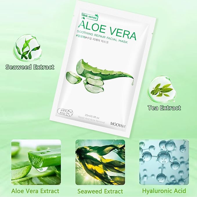 10 Sheets Face Masks Skincare, Aloe Vera Hydrating Face Mask Skincare For Dry, Oily, Sensitive Skin, Aloe Facial Masks Skin Care Sheet For Moisturizing, Soothing