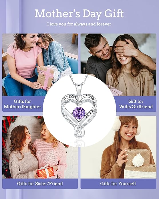 Jewelry for Women Wife Infinity Heart Birthstone I Love You Necklace S925 Anniversary Women Necklaces for Her Wife Birthday Gift Ideas, Birthday Present for Girlfriend Mom Daughter Sterling Silver